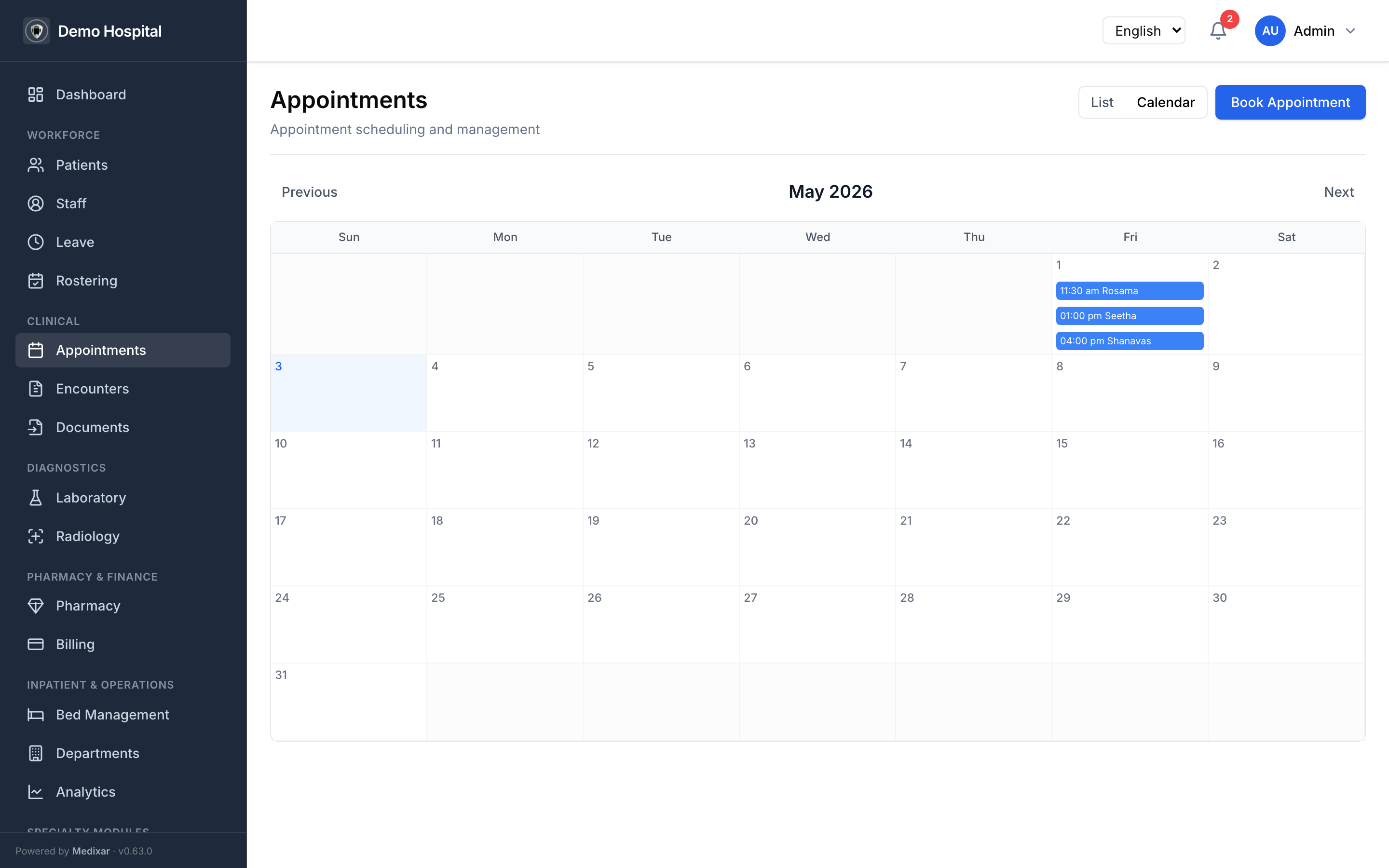 Appointments calendar showing monthly slots and bookings