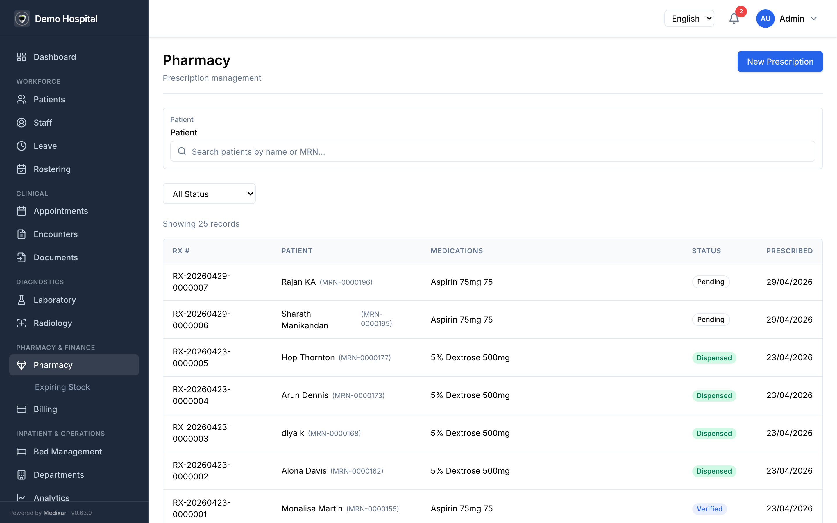 Pharmacy module with prescription queue and inventory
